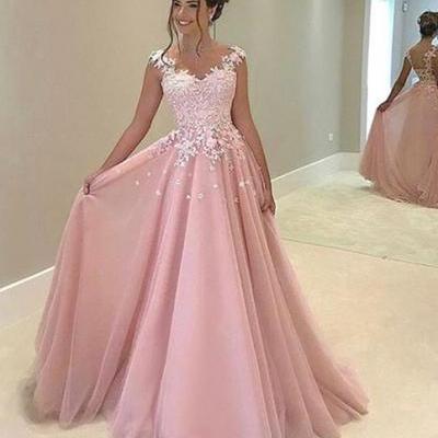 Pink Illusion Prom Gown, Cap Sleeve Prom Dress, A Line Formal Gown With Lace Appliques Top
