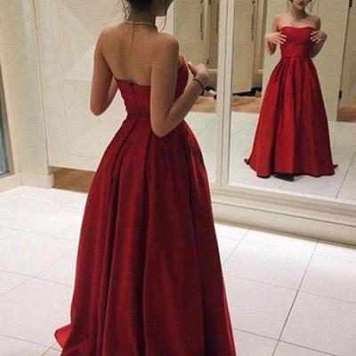 Gorgeous Red Strapless Prom Dress,A Line Satin Evening Gown,Long Party Dress