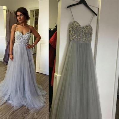 Beaded Silver Grey Tulle Prom Dress,Sweetheart Long Party Dress With Spaghetti Straps