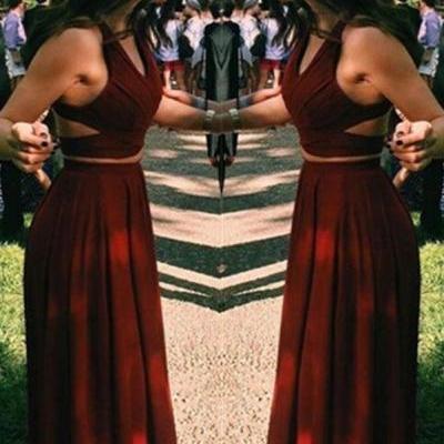 Burgundy Two Piece Prom Dress,2017 V Neck Formal Gown,Chiffon Long Party Dress Cut Out Back