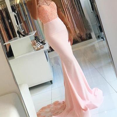 Gorgeous Pink High Neck Prom Dress, Mermaid Formal Gown With Lace Top, Sweep Train