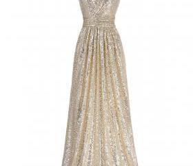 Gold Sequin V Neck Formal Gown ,Evening Dress Long Ruched Bodice on Luulla