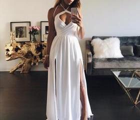 Custom Made White Halter Long Party Dress, Chiffon Slit Prom Dress With ...