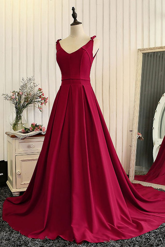 Wine Red V Neck A Line Princess Prom Dress, Open Back Pageant Gown With ...