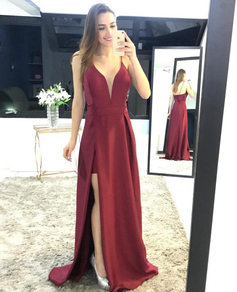 Burgundy Spaghetti Straps V-neck Prom Evening Dress With Slit