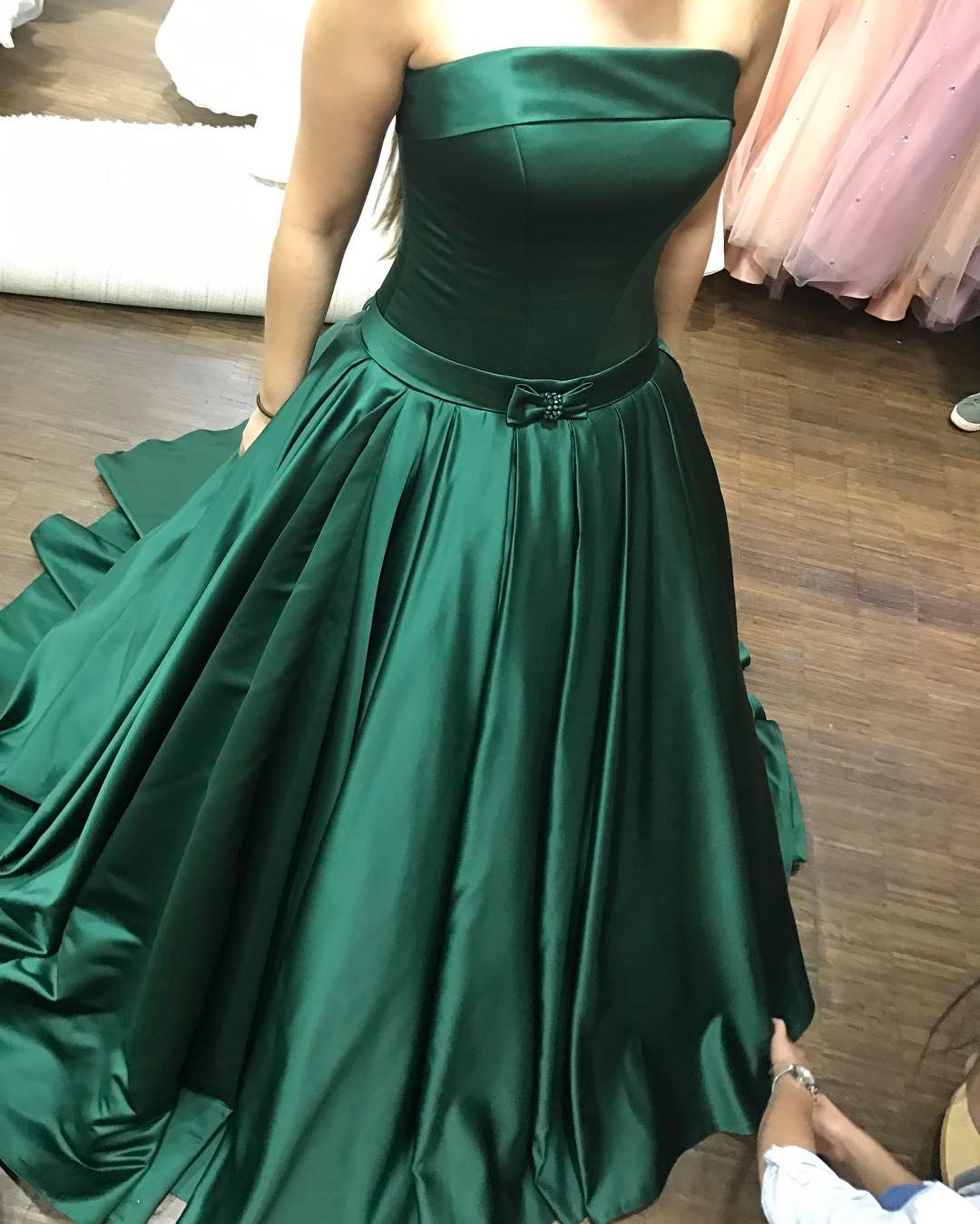 Dark Green Strapless Satin Prom Dress, A Line Formal Gown