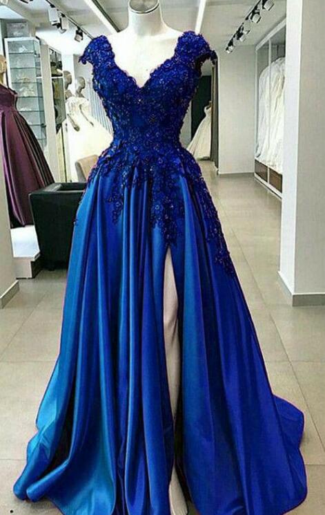 V Neck Wedding Party Dress Royal Blue Evening Prom Dress For Women Formal High Cap Sleeves