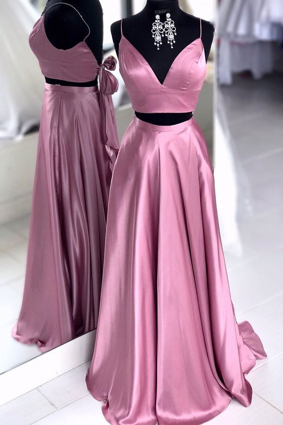  2019 V Neck Prom Dress Two Piece A Line Evening Dress For Girl Prom Spaghetti Straps