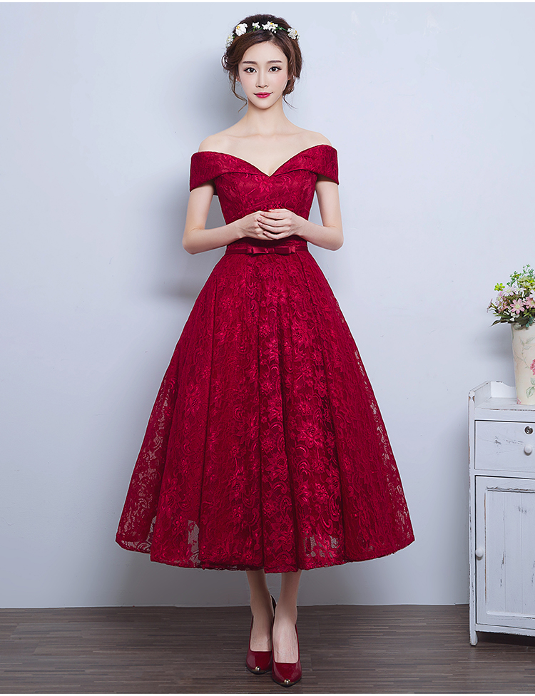 Burgundy Lace A-Line Off-the-Shoulder Party Dresses, Tea-Length Bow Belt Formal Gowns, 2019 Homecoming Dresses With Lace-Up Back