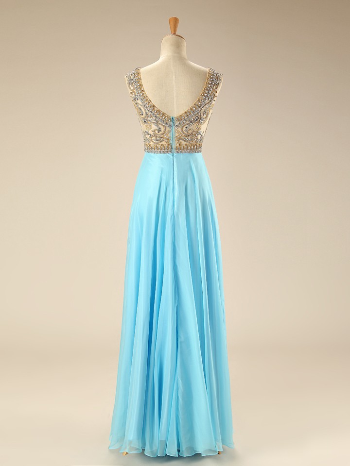 2015 Light Blue Chiffon Prom Dress With Beaded Sheer Bodice on Luulla