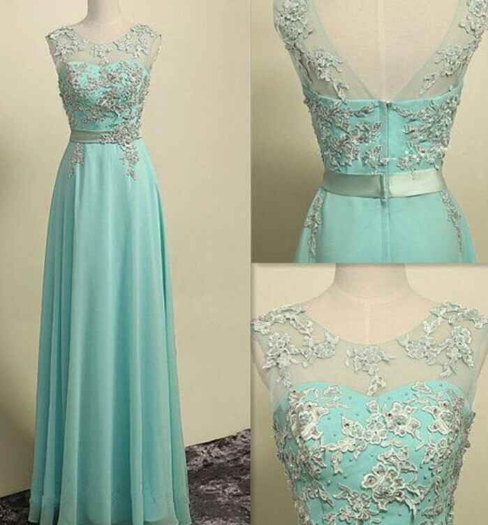 Mint Green Chiffon Long Prom Dress With Lace Appliques