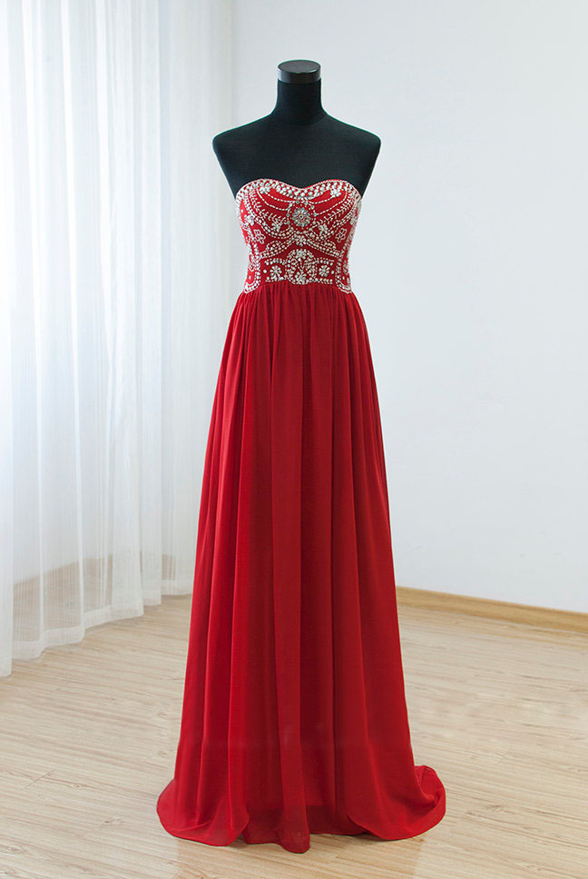red strapless formal gown
