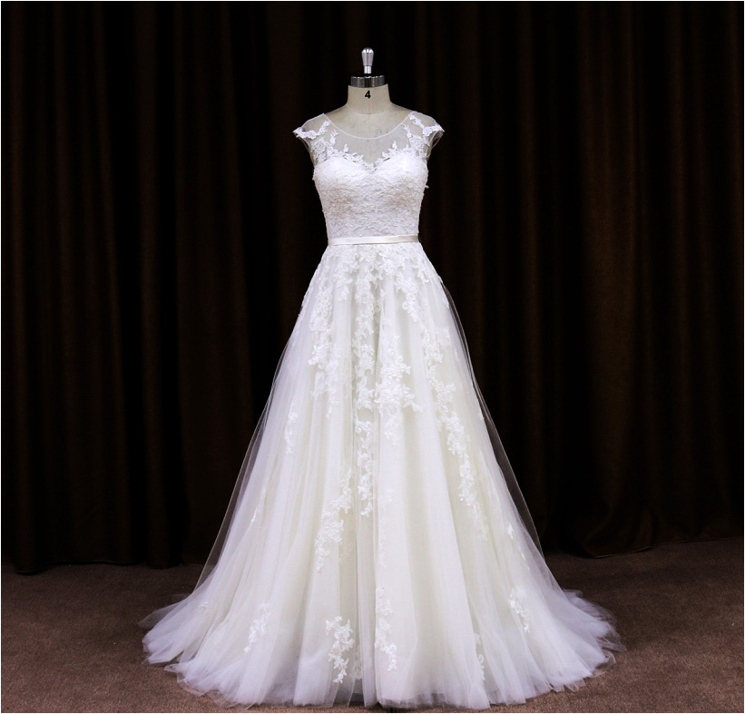2015 Tulle A Line Cap Sleeves Wedding Dress With Sheer Back
