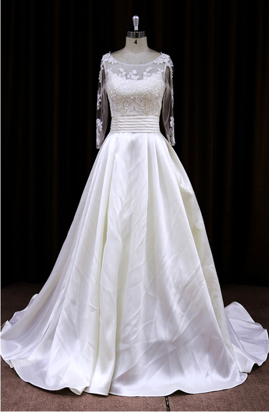 Taffeta A Line Wedding Dress With Lace Bodice And Sheer Long Sleeves