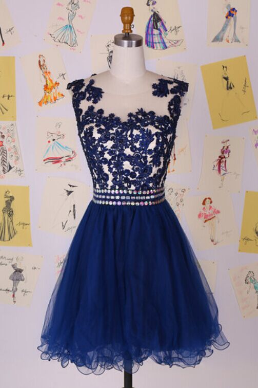 2015 Navy Blue Tulle Cocktail Party Dress With Lace Appliques on Luulla