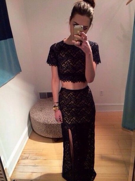 Fashion Black Lace Two Piece Slit Maxi Party Dress With Short Sleeves