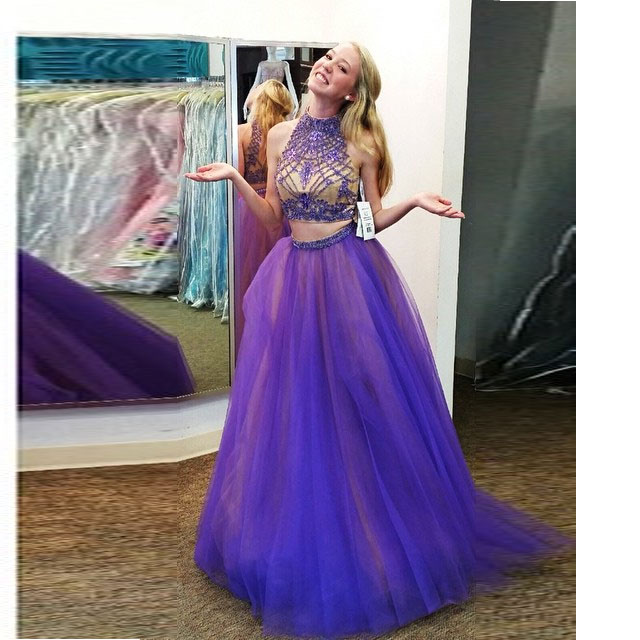 Purple High Neck Prom Dress