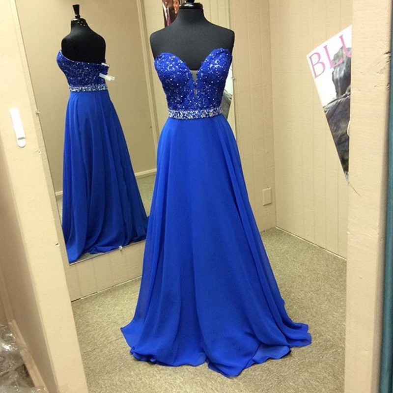 Royal Blue Plunging Sweetheart Chiffon Prom Dress With Beaded Lace ...