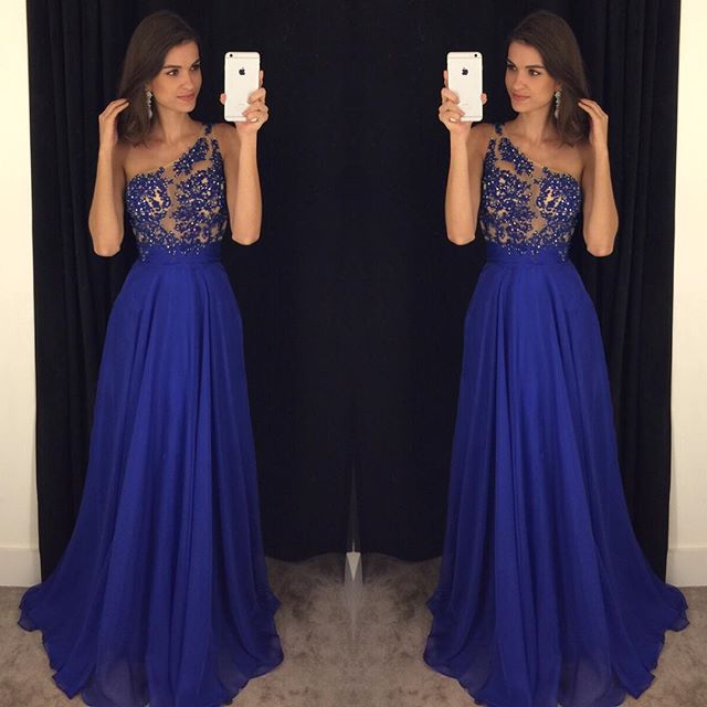 Royal Blue One Shoulder Chiffon Dress