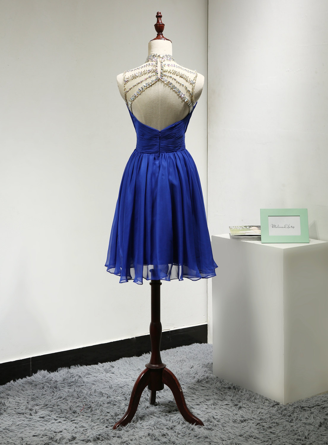 Beaded Illusion High Neck Royal Blue Cocktail Dress With Keyhole Open ...
