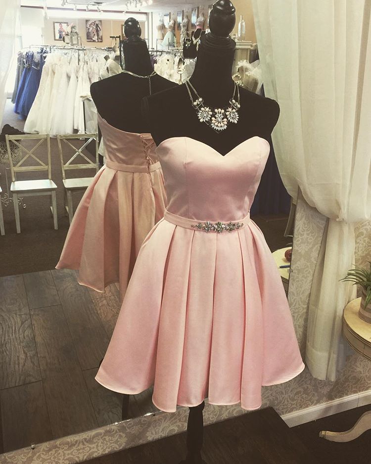 Pink Sweetheart Satin Cocktail Dress , Short Party Dress With Crystals
