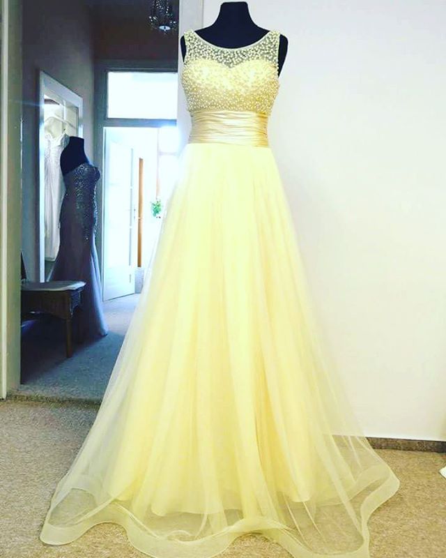 Yellow Tulle Empire Long Prom Dress Formal Gown With Beaded Bodice On