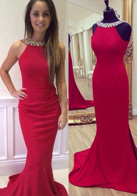 Sexy Sheath Jewel Neckline Red Long Prom Dresses Birthday Outfits Evening Gown main image 0