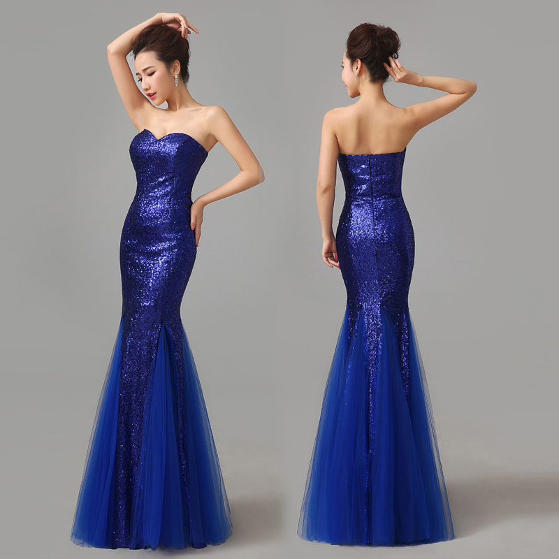 Blue Sequin Sweetheart Mermaid Prom Dress, Tulle Floor Length Evening ...