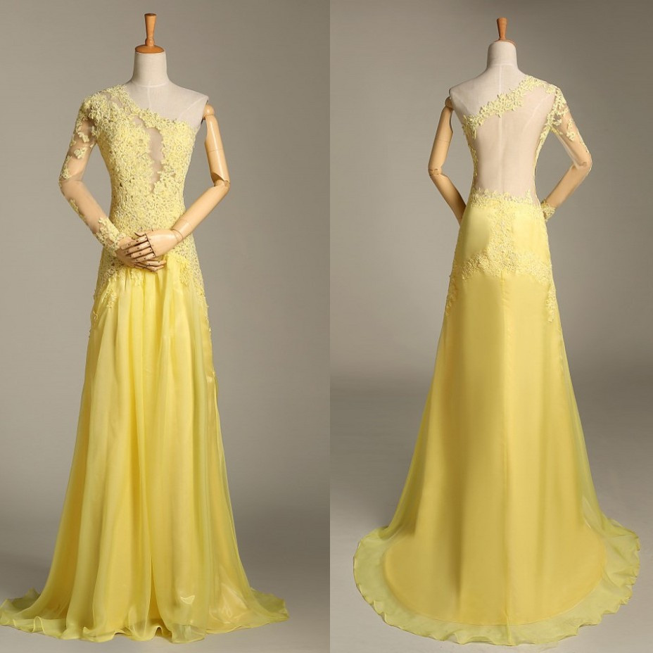 One Shoulder Mermaid Prom Dress With Waist Drop - Yellow main image 1