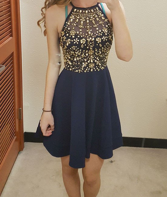 Navy Blue Halter Cocktail Dresses, Beaded Homecoming Dress, Short Dress With Crystal
