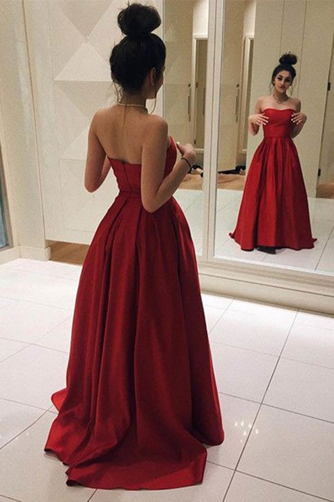 Gorgeous Red Strapless Prom Dress A Line Satin Evening Gown Long Gorgeous Red Strapless Prom Dress A Line Satin Evening Gown Long Party