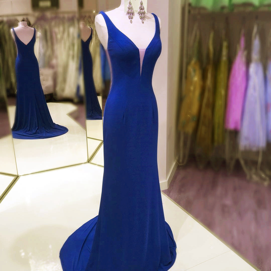 Royal Blue Fitted Formal Gown,fitted Plunging V Neck Party Dress,jersey