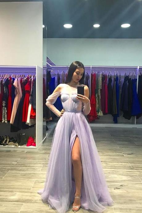 Lavender Illusion Long Party Dress, Sheer Long Sleeve Prom Dress With Side Slit