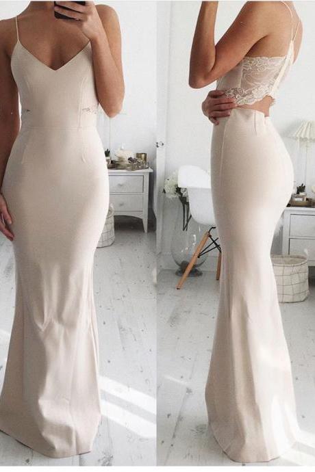 Fashion Champagne V Neck Formal Gown, Fitted Prom Dress With Sheer Lace Back