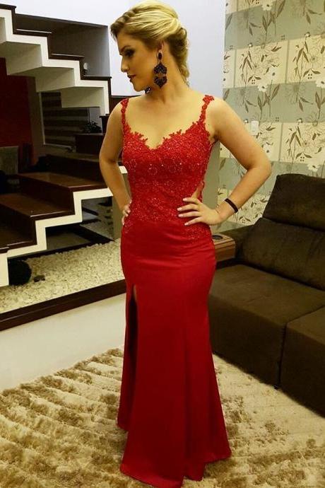 Red Sweetheart Sheath Slit Prom Dress,sheer Back Evening Gown With Lace Appliques