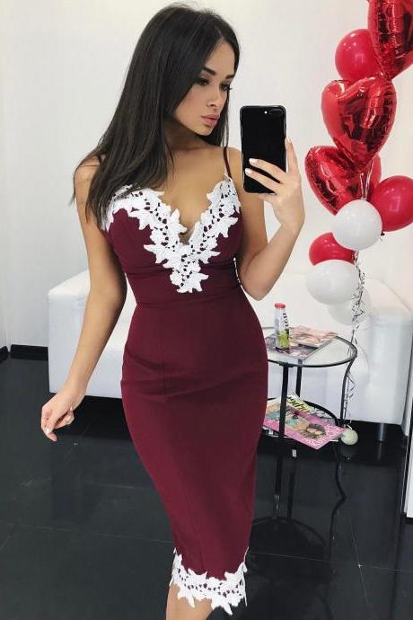 Burgundy V Neck Sheath Cocktail Dress, Homecoming Dress With Lace Appliques