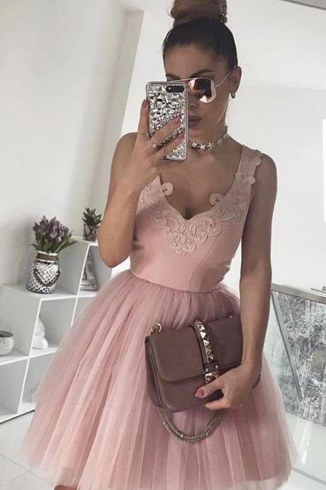 Pink V Neck Tulle A Line Cocktail Dress, Cute Babydoll Dress With Lace Appliques