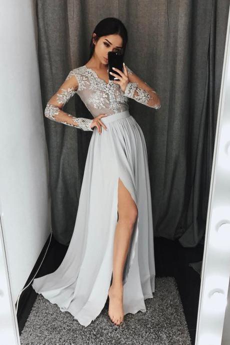 V Neck Long Sleeve Prom Dress, High Slit Chiffon Formal Gown With Lace Appliques
