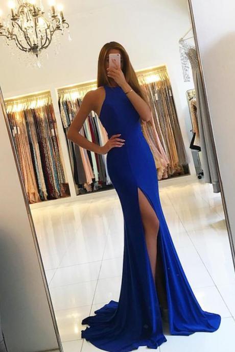 Royal Blue Halter Sleeveless Mermaid Prom Dress,Jersey Formal Gown With Cut Out Back