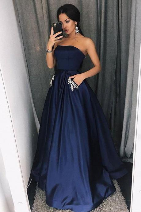 Gorgeous Navy Blue Strapless Prom Dress,A Line Satin Formal Gown With Pockets