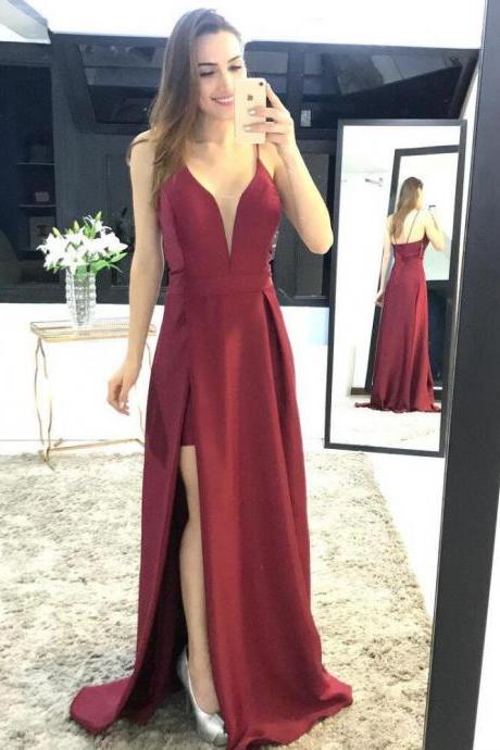 Burgundy Plunging V Neck Formal Gown, Sheath Slit Prom Dress With Spaghetti Straps