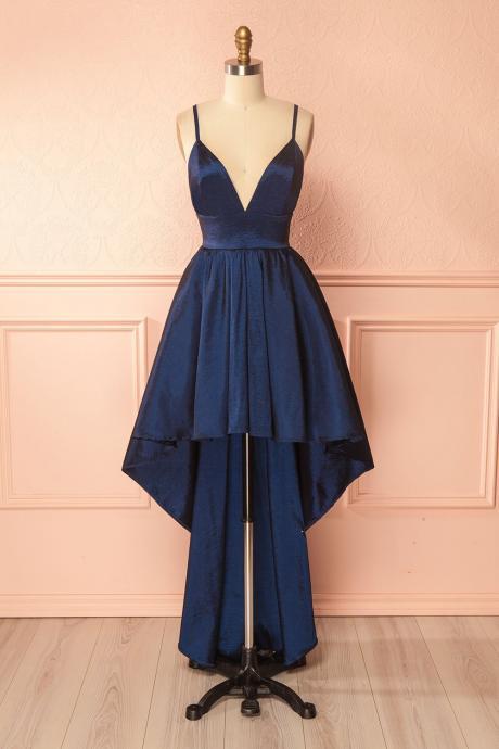 Sexy Royal Blue V Neck Taffeta Homecoming Dress,Backless Party Dress With High Low Skirt