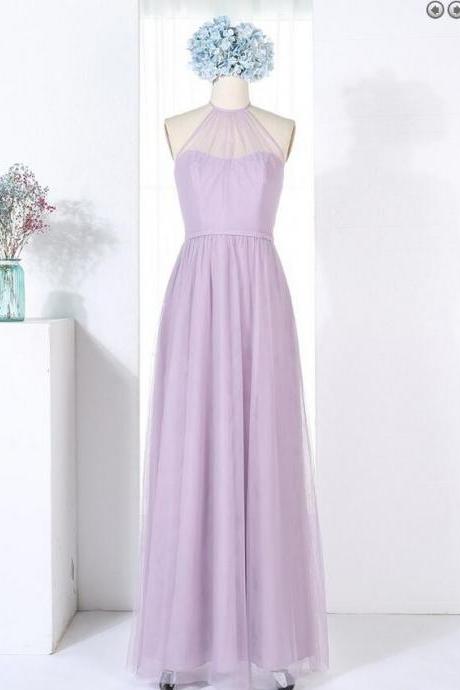 Lavender Tulle Halter Floor Length Bridesmaid Dress, Sleeveless Party Dress