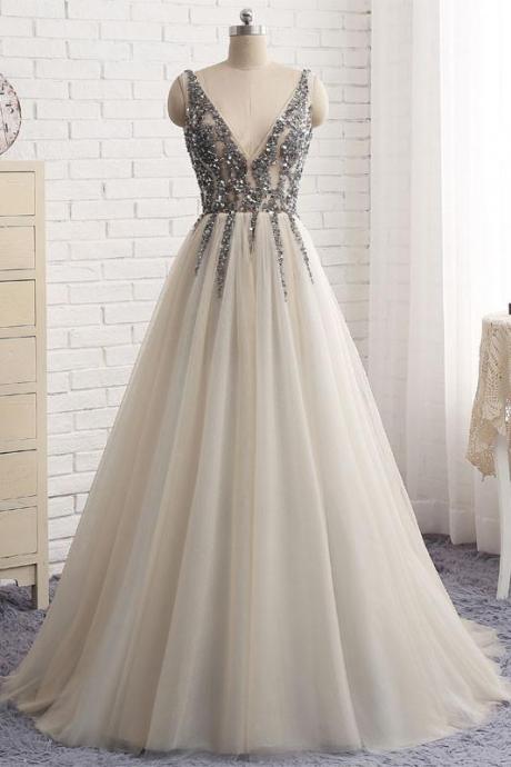 Sequined Silver V Neck Tulle A Line Prom Dress,Open Back Formal Evening Gown,Pageant Gown