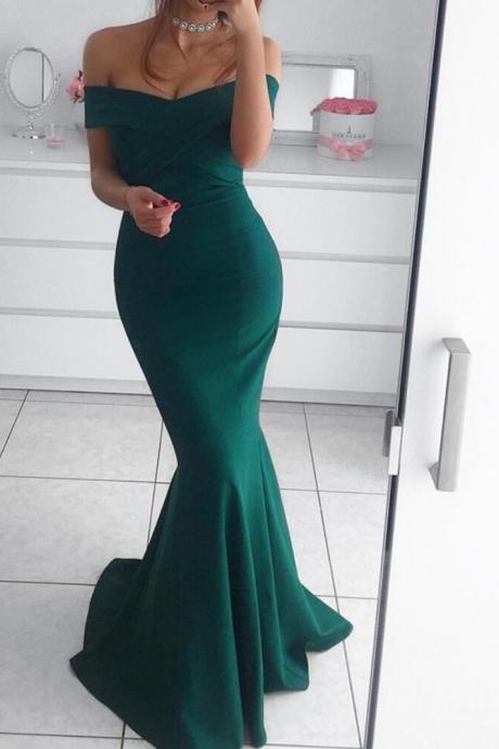 Gorgeous Off The Shoulder Mermaid Formal Evening Gown,Long Prom Dress Dark Green