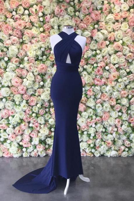 Halter Formal Evening Gown Navy Blue Mermaid Open Back Prom Dress With Cut Out Bodice