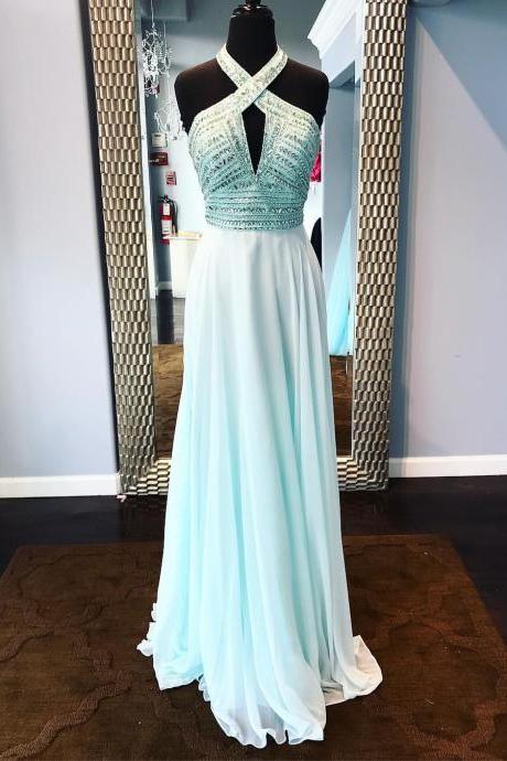 2018 Halter Chiffon Prom Dress Ice Green Party Dress, Formal Gown With Beaded Bodice