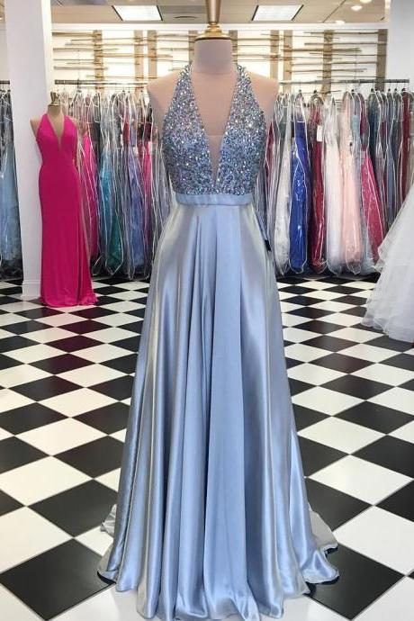 Silver Deep V Neck Prom Dress Sleeveless A Line Formal Evening Gown With Beaded Bodice