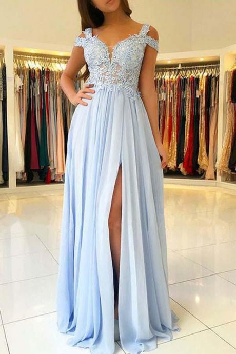 Off The Shoulder Prom Dresss Light Blue Chiffon Maxi Long Party Dresses For Wedding Party