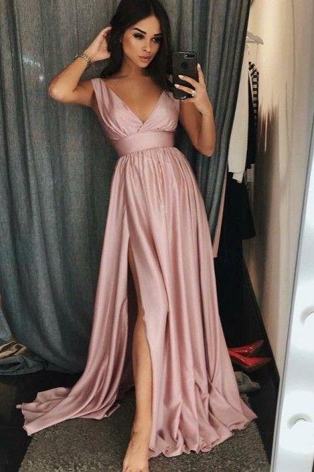 Sexy Pink V Neck Sleeveless Party Dress Long Formal Evening Gown With High Slit